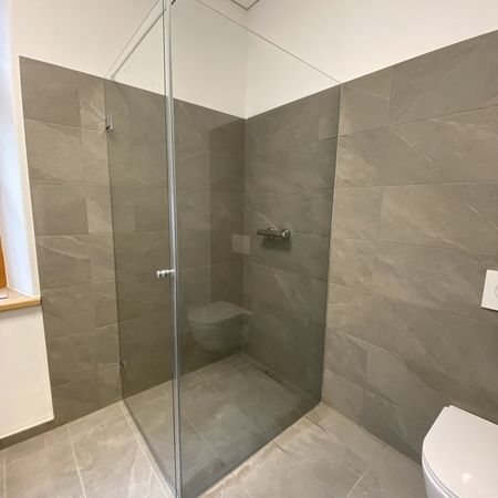 Minimalistische Glasdusche mit grauen Fliesen