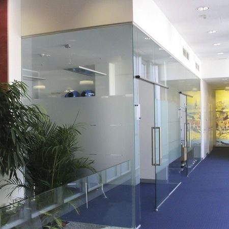 Verglaster Teilbereich des Flurs hinter Topfpflanzen und auf blauem Teppichboden